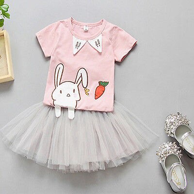 2Pcs Kids Baby Girls Clothing Rabbit T-Shirt + Skirt Set Tutu Dress Outfits 2-7T - ebowsos