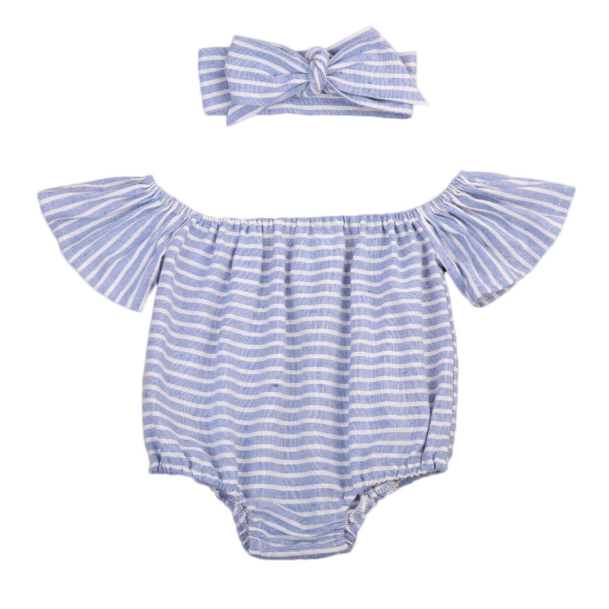 2Pcs Newborn Baby Girls Striped r Bodysuit Jumpsuit Headband Outfit Clothes - ebowsos