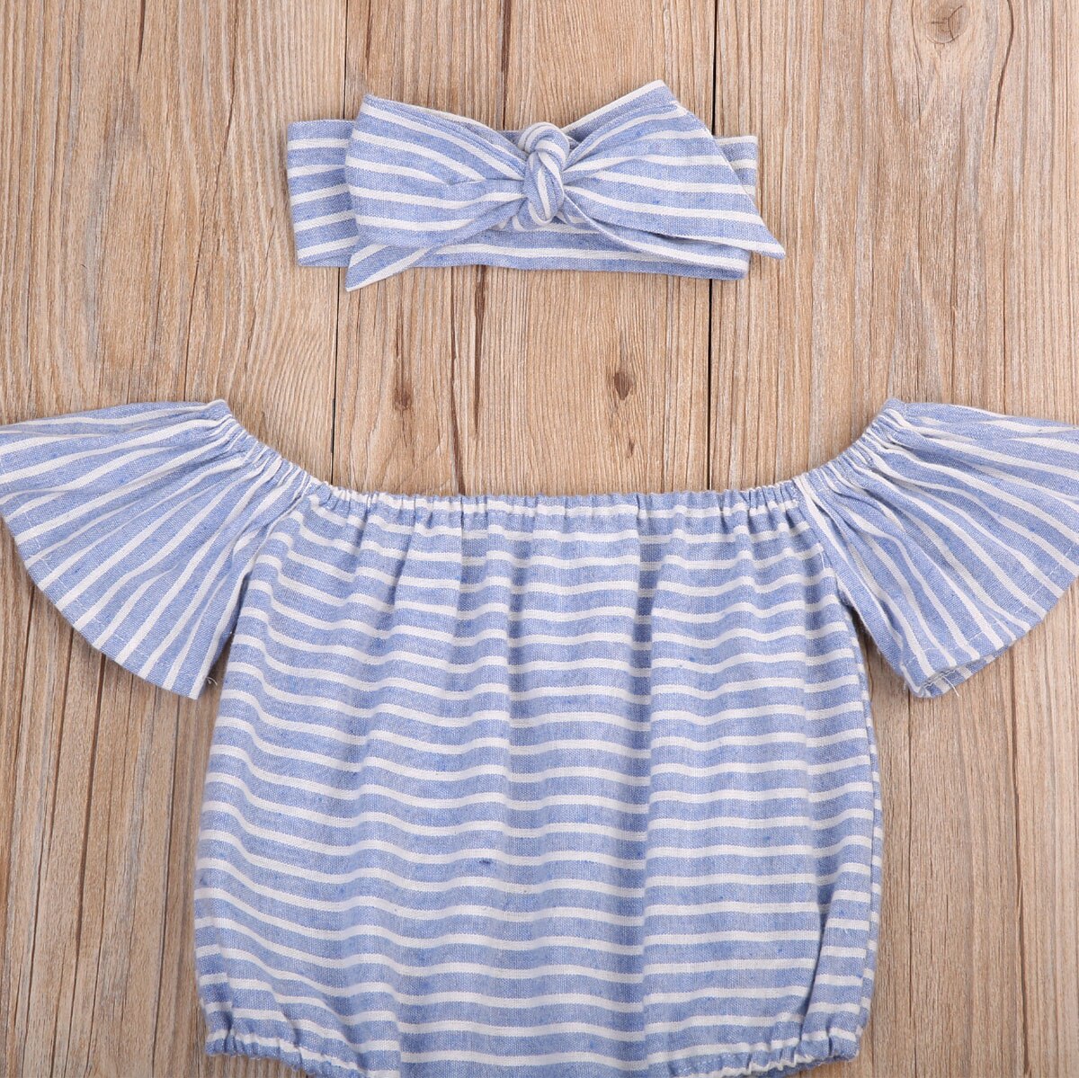 2Pcs Newborn Baby Girls Striped r Bodysuit Jumpsuit Headband Outfit Clothes - ebowsos