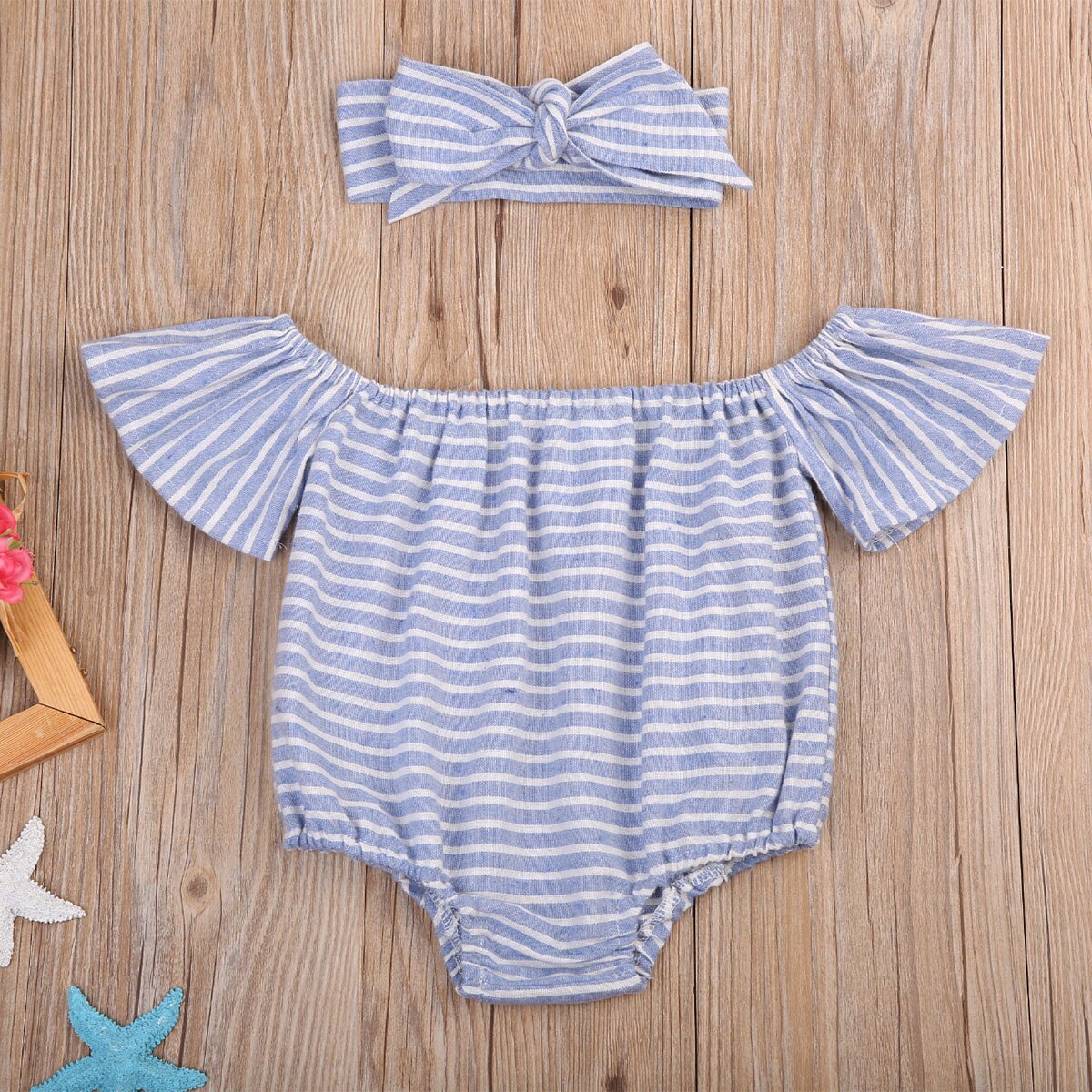 2Pcs Newborn Baby Girls Striped r Bodysuit Jumpsuit Headband Outfit Clothes - ebowsos