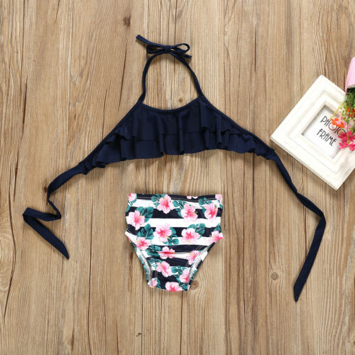 2Pcs Toddler Baby Girl Floral Striped Print Swimwear Bathing Suit Bikini Sleeveless Belt Tops+Shorts Outfits Swimsuit Set - ebowsos