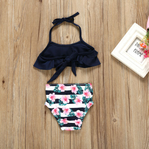 2Pcs Toddler Baby Girl Floral Striped Print Swimwear Bathing Suit Bikini Sleeveless Belt Tops+Shorts Outfits Swimsuit Set - ebowsos