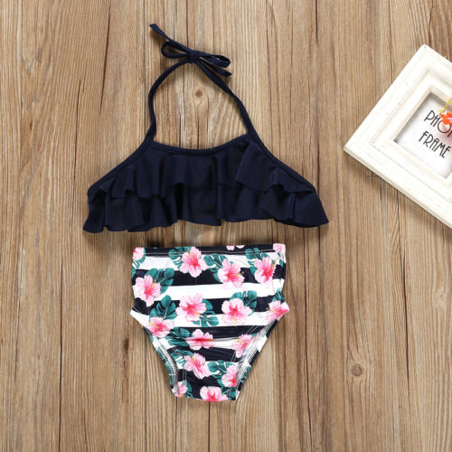 2Pcs Toddler Baby Girl Floral Striped Print Swimwear Bathing Suit Bikini Sleeveless Belt Tops+Shorts Outfits Swimsuit Set - ebowsos