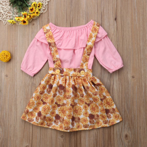 2Pcs Toddler Baby Girl Long Sleeve Top T-shirt Flower Skirt Dress Outfit Clothes - ebowsos