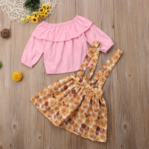 2Pcs Toddler Baby Girl Long Sleeve Top T-shirt Flower Skirt Dress Outfit Clothes - ebowsos