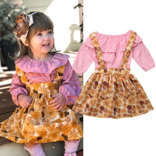 2Pcs Toddler Baby Girl Long Sleeve Top T-shirt Flower Skirt Dress Outfit Clothes - ebowsos