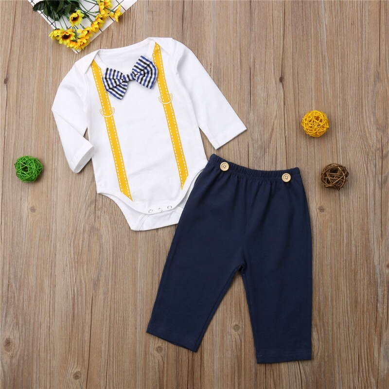 2pcs Infant Baby Clothes Kids Boy Tops Romper+Long Pants Gentleman Cotton 2Pcs Outfit Baby Clothing - ebowsos