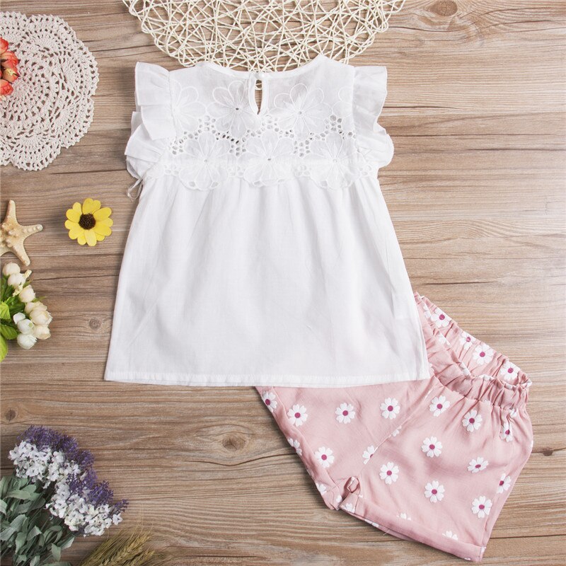 2pcs Kids Baby Girls Summer Outfits Lace Tops+ Floral Shorts Pants Clothes 2Pcs Sets - ebowsos