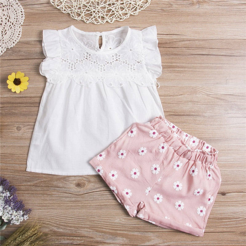 2pcs Kids Baby Girls Summer Outfits Lace Tops+ Floral Shorts Pants Clothes 2Pcs Sets - ebowsos