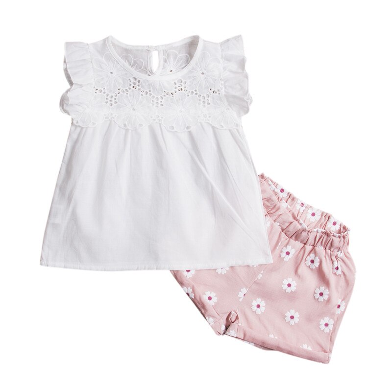 2pcs Kids Baby Girls Summer Outfits Lace Tops+ Floral Shorts Pants Clothes 2Pcs Sets - ebowsos