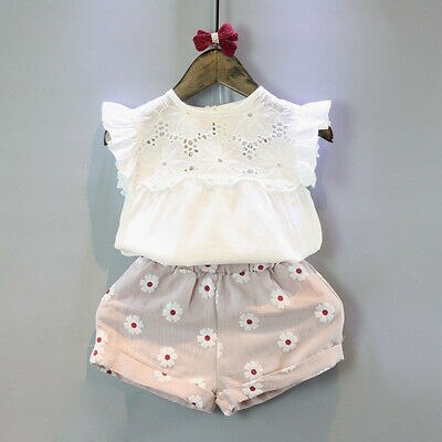 2pcs Kids Baby Girls Summer Outfits Lace Tops+ Floral Shorts Pants Clothes 2Pcs Sets - ebowsos