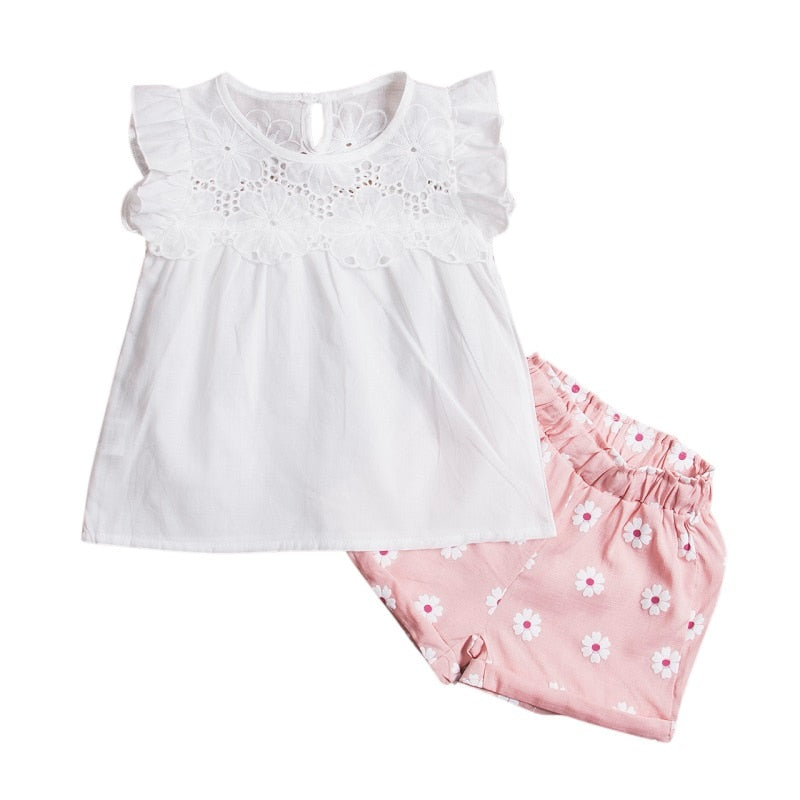 2pcs Kids Baby Girls Summer Outfits Lace Tops+ Floral Shorts Pants Clothes Sets - ebowsos