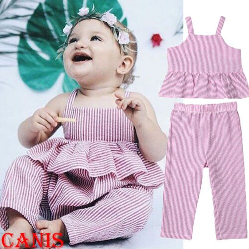 2pcs Toddler Kid Baby Girl Clothes Stripe Ruffled T-Shirt Vest Tops+Wide leg pants Trousers Set kids Clothes - ebowsos