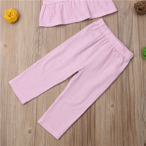 2pcs Toddler Kid Baby Girl Clothes Stripe Ruffled T-Shirt Vest Tops+Wide leg pants Trousers Set kids Clothes - ebowsos