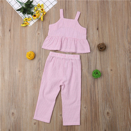 2pcs Toddler Kid Baby Girl Clothes Stripe Ruffled T-Shirt Vest Tops+Wide leg pants Trousers Set kids Clothes - ebowsos