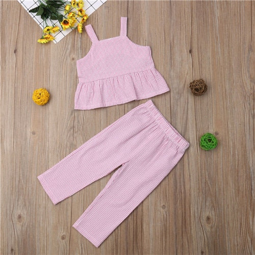 2pcs Toddler Kid Baby Girl Clothes Stripe Ruffled T-Shirt Vest Tops+Wide leg pants Trousers Set kids Clothes - ebowsos