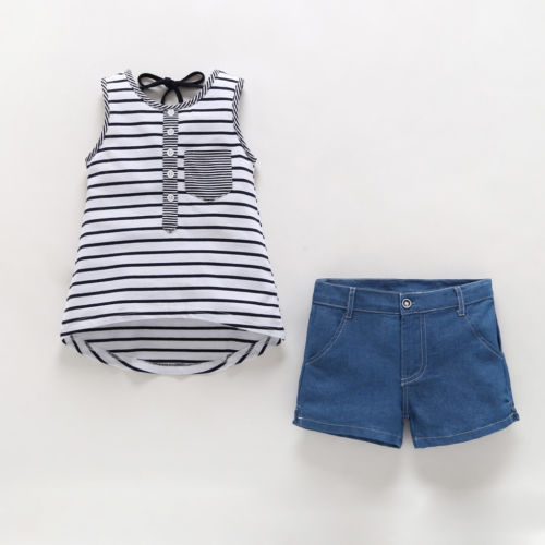 2pcs/set Casual Toddler Kid Baby Girls Clothing Striped Vest Top Shirts + Denim Shorts Jeans Outfits Kid Costumes - ebowsos