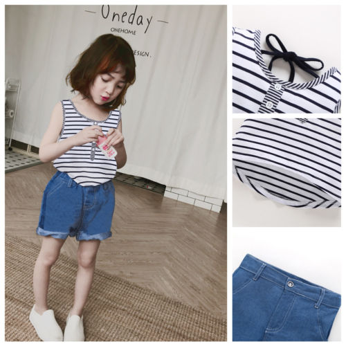 2pcs/set Casual Toddler Kid Baby Girls Clothing Striped Vest Top Shirts + Denim Shorts Jeans Outfits Kid Costumes - ebowsos