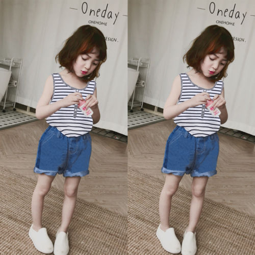 2pcs/set Casual Toddler Kid Baby Girls Clothing Striped Vest Top Shirts + Denim Shorts Jeans Outfits Kid Costumes - ebowsos