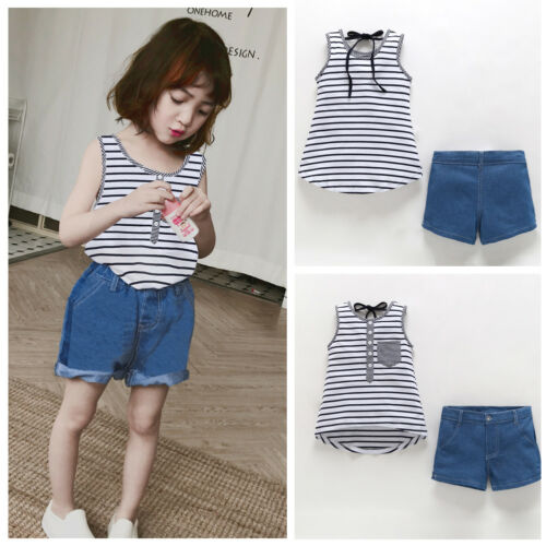 2pcs/set Casual Toddler Kid Baby Girls Clothing Striped Vest Top Shirts + Denim Shorts Jeans Outfits Kid Costumes - ebowsos