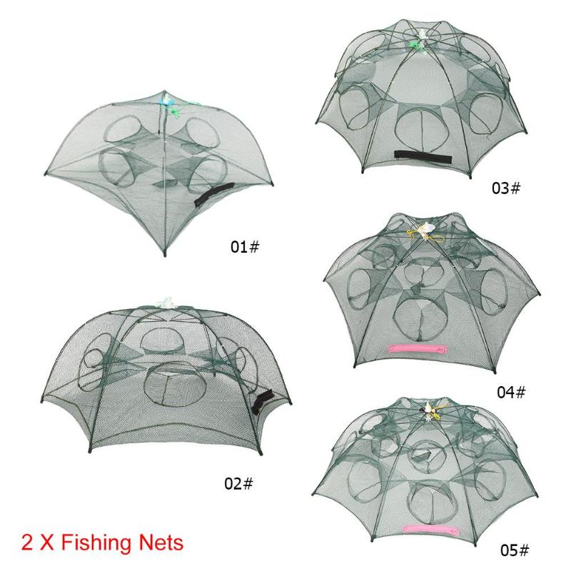 2pcs /set Folding Fishing Net Portable Fishing Net Shrimp Crab Mesh Trap 4/6/8/12/16 holes Fish Landing Net-ebowsos