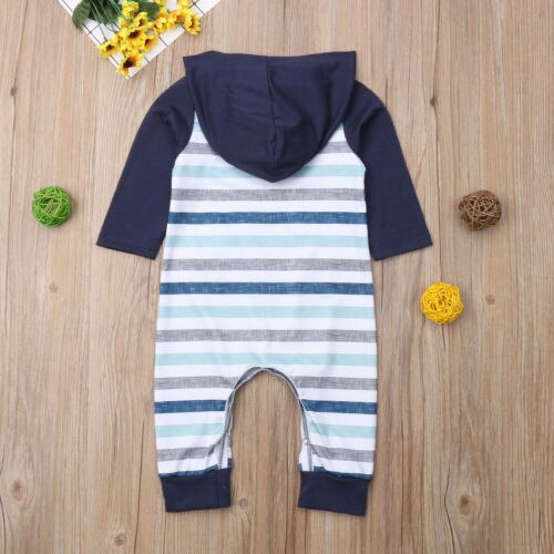 3-18M Casual Newborn Baby Boy Girl Long Sleeve Striped Hooded Romper Jumpsuit Outfits Baby Clothes - ebowsos