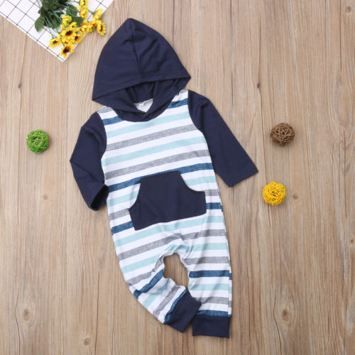 3-18M Casual Newborn Baby Boy Girl Long Sleeve Striped Hooded Romper Jumpsuit Outfits Baby Clothes - ebowsos