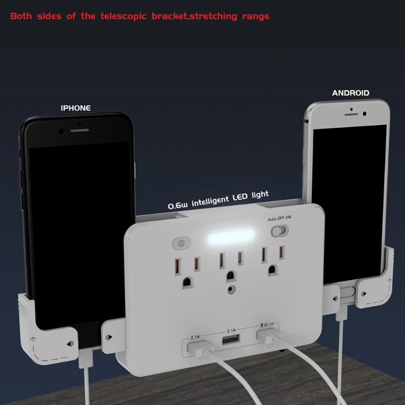 3 USB Ports AC Outlet Socket Wall Mount Surge Protector Night Light Power Strip with Quick Charger 3.0 US Plug New Arrival - ebowsos