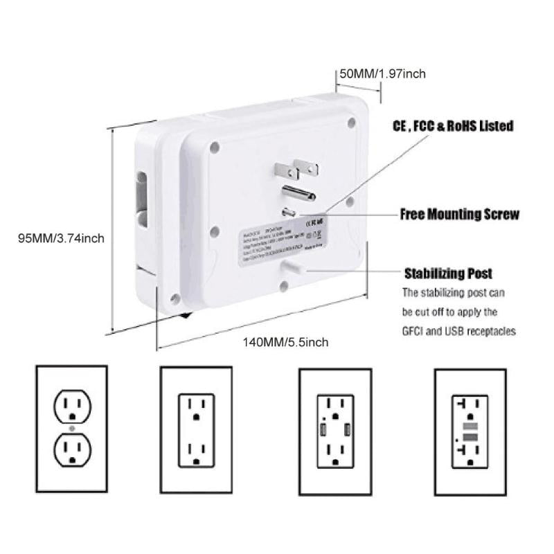 3 USB Ports AC Outlet Socket Wall Mount Surge Protector Night Light Power Strip with Quick Charger 3.0 US Plug New Arrival - ebowsos