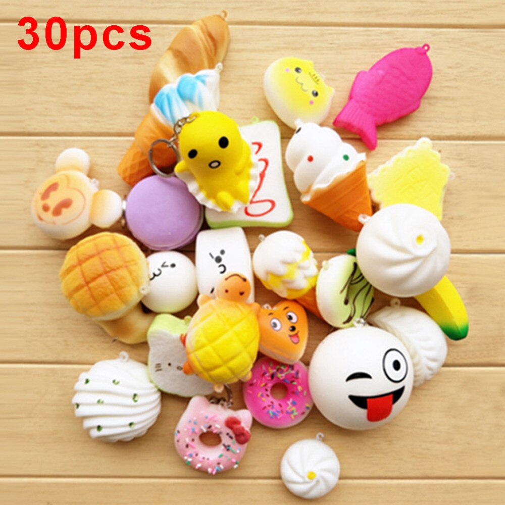 30Pcs/Lot Squishy Toys Cute Panda Bread Cake Donut Charm Antistress Squishies Slow Rising For Kids Phone Straps Send Randomly-ebowsos