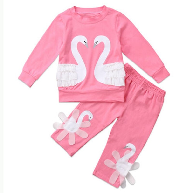 3D Swan Baby Girl Clothes Sets Long Sleeve Cotton Outfit Clothes Tops T-shirt Leggings Pants Set - ebowsos