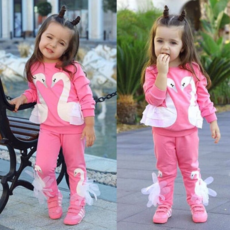 3D Swan Baby Girl Clothes Sets Long Sleeve Cotton Outfit Clothes Tops T-shirt Leggings Pants Set - ebowsos