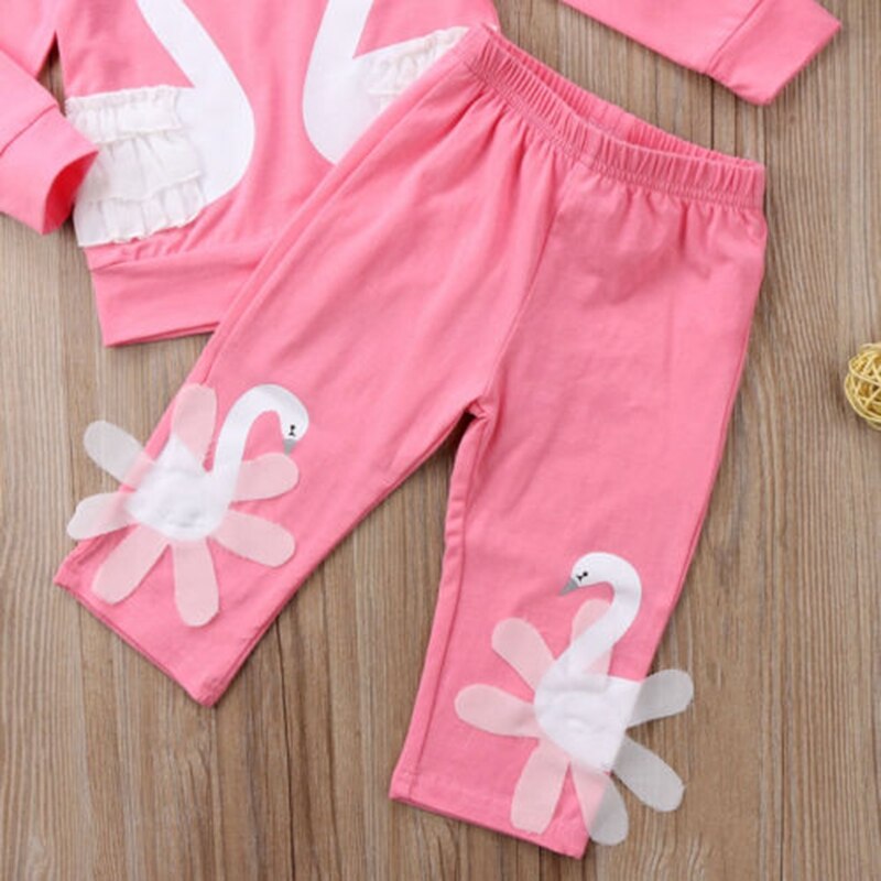 3D Swan Baby Girl Clothes Sets Long Sleeve Cotton Outfit Clothes Tops T-shirt Leggings Pants Set - ebowsos