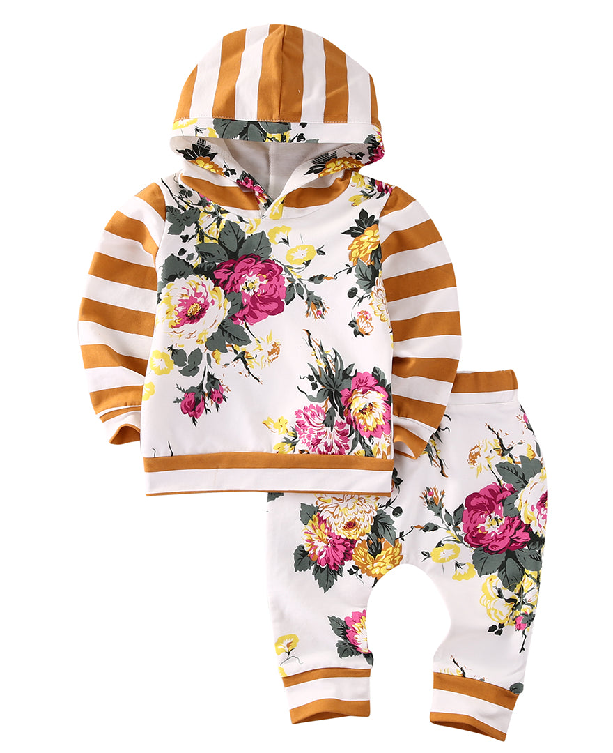 3M-7T Kids autumn New baby boy clothes Kids Baby Girls Long Sleeve Hooded Sweatshirt Tops Floral Pants 2pcs Outfits Set - ebowsos