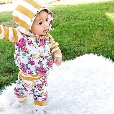 3M-7T Kids autumn New baby boy clothes Kids Baby Girls Long Sleeve Hooded Sweatshirt Tops Floral Pants 2pcs Outfits Set - ebowsos