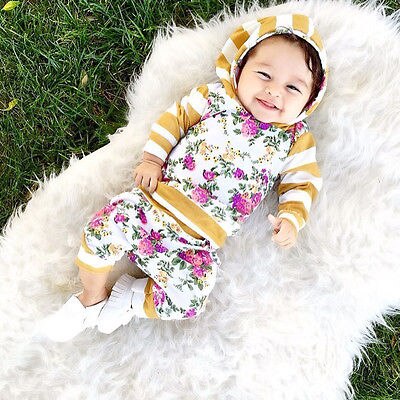 3M-7T Kids autumn New baby boy clothes Kids Baby Girls Long Sleeve Hooded Sweatshirt Tops Floral Pants 2pcs Outfits Set - ebowsos