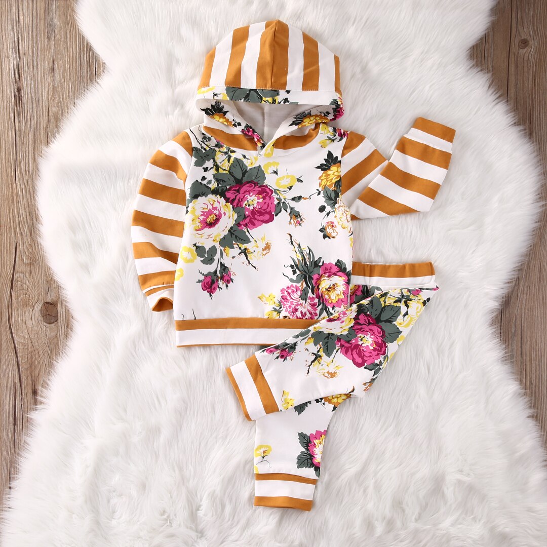 3M-7T Kids autumn New baby boy clothes Kids Baby Girls Long Sleeve Hooded Sweatshirt Tops Floral Pants 2pcs Outfits Set - ebowsos