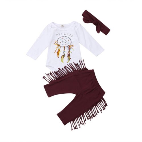 3PCS Infant Baby Girls Autumn Winter Lovely Casual Clothes Sets Wind chimes Print Long Sleeve Romper+Tassel Pants+Headband - ebowsos