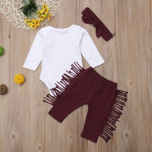 3PCS Infant Baby Girls Autumn Winter Lovely Casual Clothes Sets Wind chimes Print Long Sleeve Romper+Tassel Pants+Headband - ebowsos