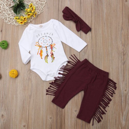 3PCS Infant Baby Girls Autumn Winter Lovely Casual Clothes Sets Wind chimes Print Long Sleeve Romper+Tassel Pants+Headband - ebowsos