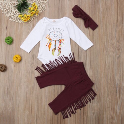 3PCS Infant Baby Girls Autumn Winter Lovely Casual Clothes Sets Wind chimes Print Long Sleeve Romper+Tassel Pants+Headband - ebowsos