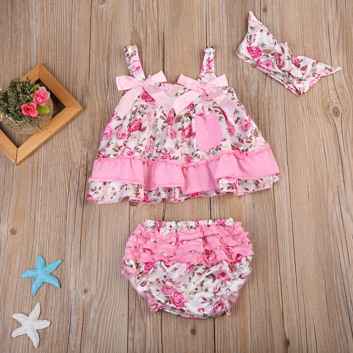 3PCS Infant Baby Girls Floral Ruffle Sleeveless Tops Pants  Shorts Outfit Clothes set - ebowsos