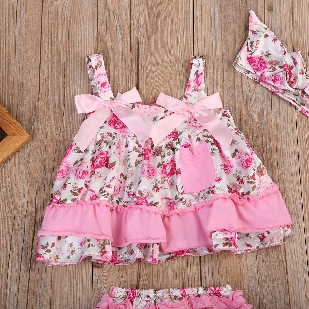 3PCS Infant Baby Girls Floral Ruffle Sleeveless Tops Pants  Shorts Outfit Clothes set - ebowsos