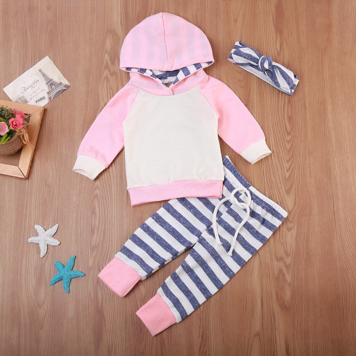 3PCS Newborn Baby Boy Girl Long Sleeve Patchwkro Hooded Sweatshirt +Striped Leggings Pants Outfits Set - ebowsos