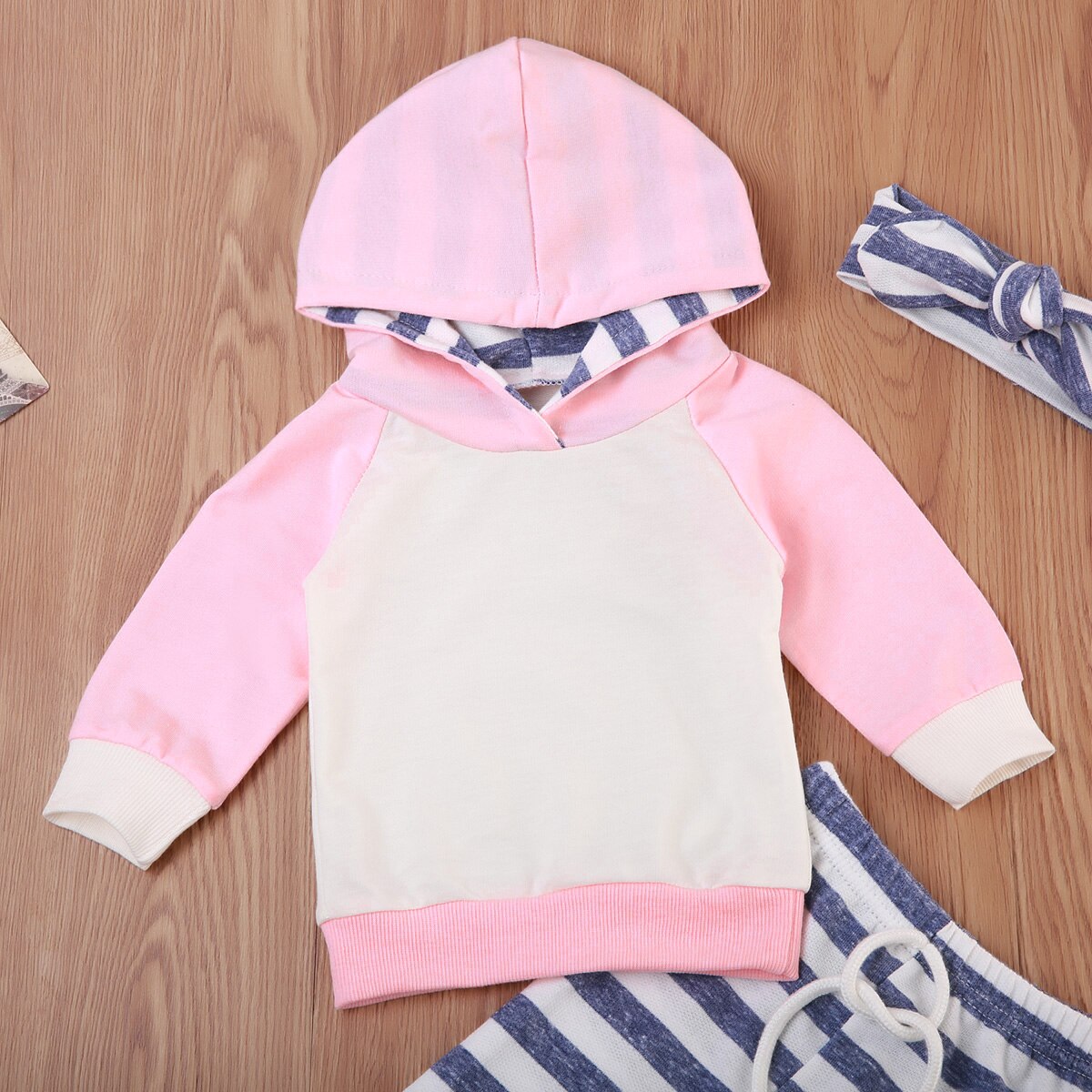 3PCS Newborn Baby Boy Girl Long Sleeve Patchwkro Hooded Sweatshirt +Striped Leggings Pants Outfits Set - ebowsos