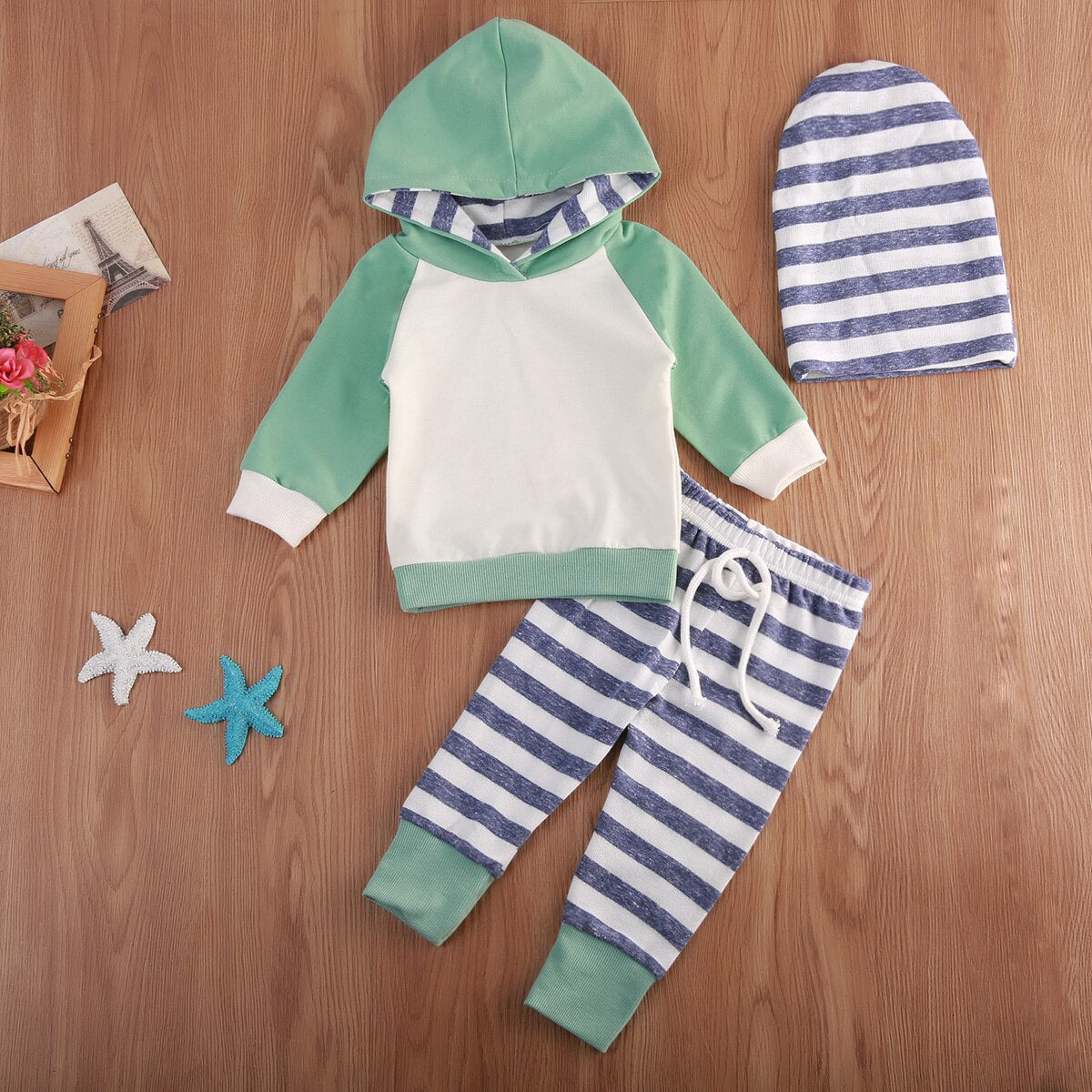 3PCS Newborn Baby Boy Girl Long Sleeve Patchwkro Hooded Sweatshirt +Striped Leggings Pants Outfits Set - ebowsos