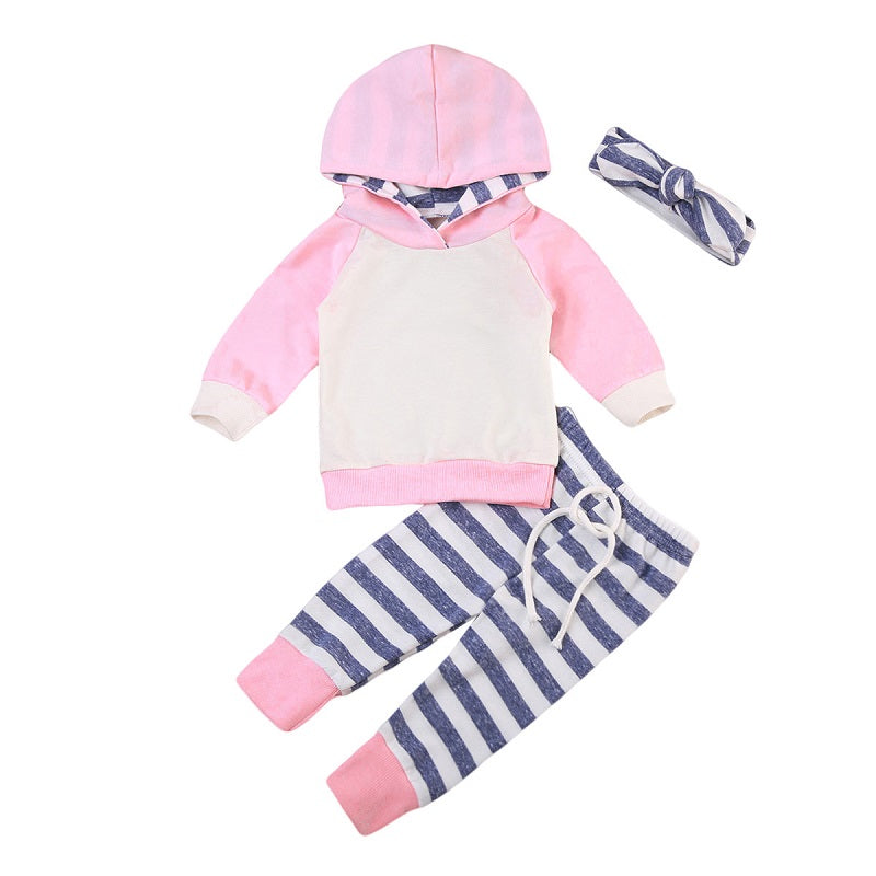 3PCS Newborn Baby Boy Girl Long Sleeve Patchwkro Hooded Sweatshirt +Striped Leggings Pants Outfits Set - ebowsos