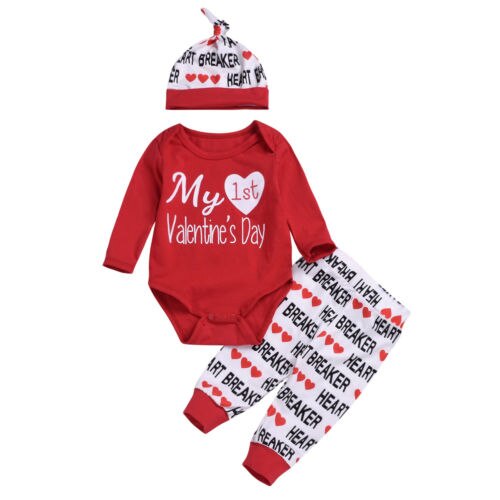 3PCS Newborn Baby Girl Boy My 1st Valentine's Day Romper Pants Baby Clothes Set 0-18M - ebowsos