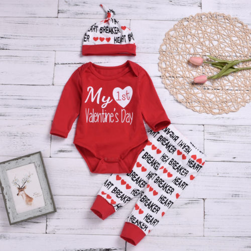 3PCS Newborn Baby Girl Boy My 1st Valentine's Day Romper Pants Baby Clothes Set 0-18M - ebowsos