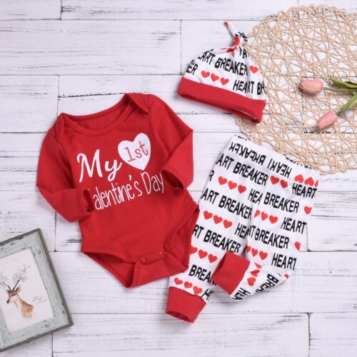 3PCS Newborn Baby Girl Boy My 1st Valentine's Day Romper Pants Baby Clothes Set 0-18M - ebowsos